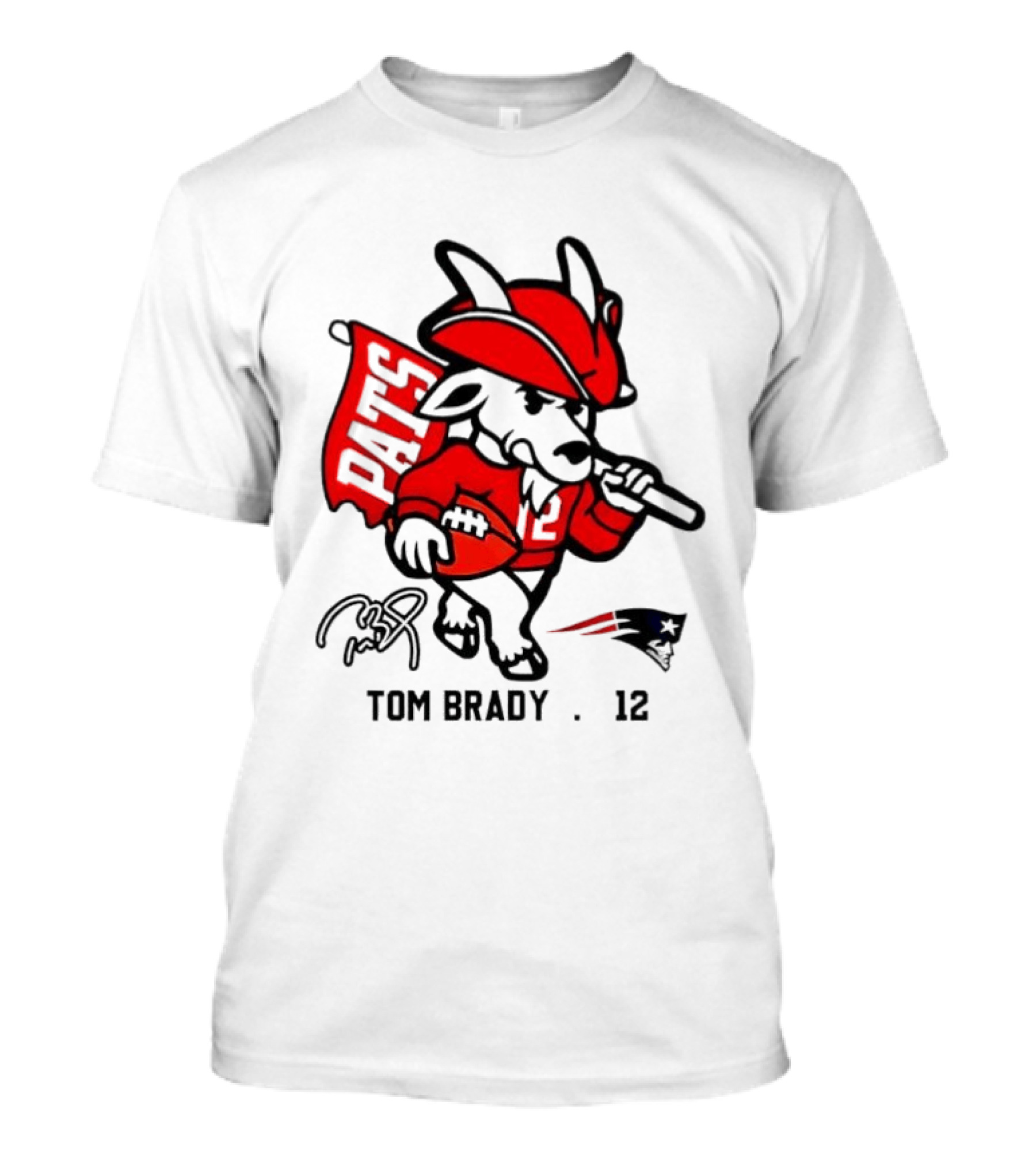 Pats Tom Brady 12 Football Mascot With Signature And New England Patriots Flag T-Shirt