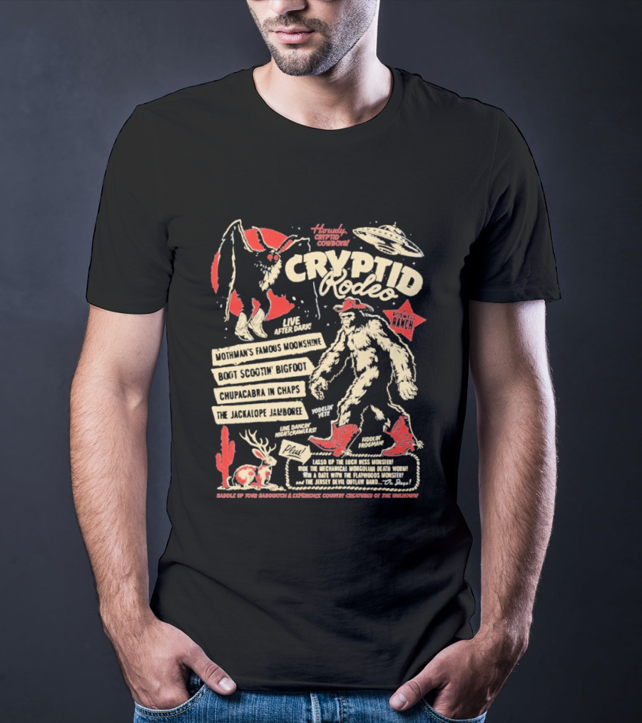 Howdy Cryptid Rodeo Yeti Sasquatch UFO Cactus Jackalope Chupacabra T-Shirt