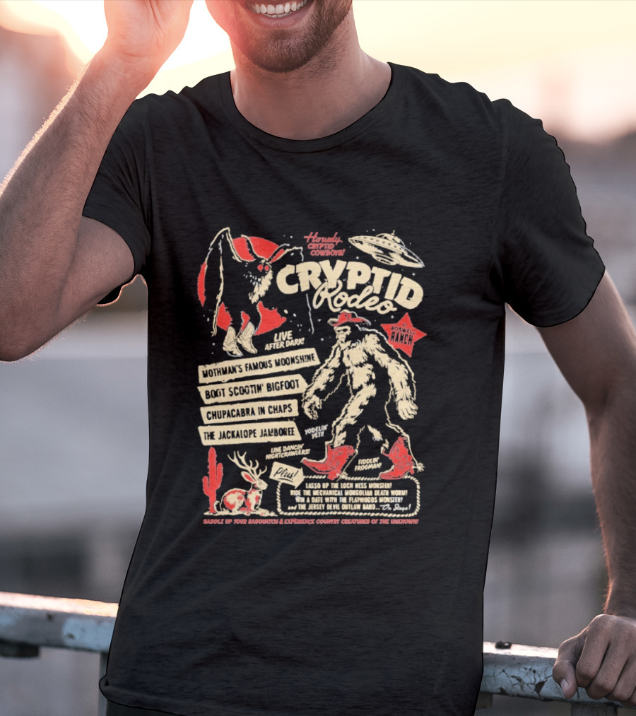 Howdy Cryptid Rodeo Yeti Sasquatch UFO Cactus Jackalope Chupacabra T-Shirt