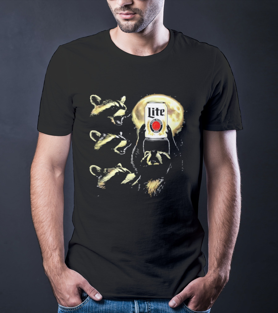 Four Raccoons Howling At Moon With Miller Lite Can T-Shirt