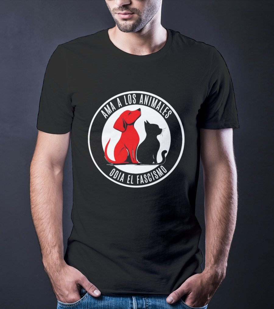 Ama A Los Animales Odia El Fascismo Perro Rojo Gato Negro Círculo Blanco Negro T-Shirt