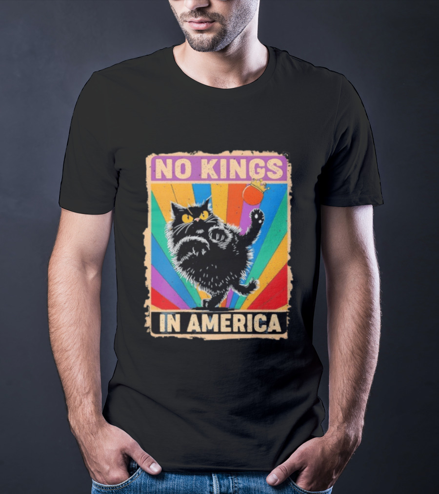 No Kings In America Black Cat Anti Trump Rainbow Kingslayer T-Shirt