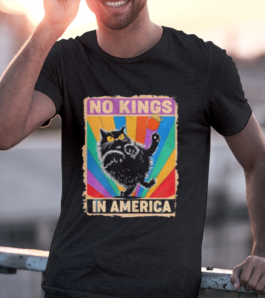No Kings In America Black Cat Anti Trump Rainbow Kingslayer T-Shirt