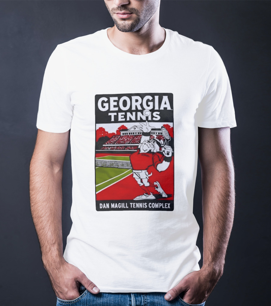 Georgia Tennis Dan Magill Tennis Complex Cartoon Character Court Scene T-Shirt