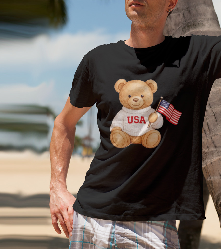 USA Teddy Bear Holding American Flag T-Shirt
