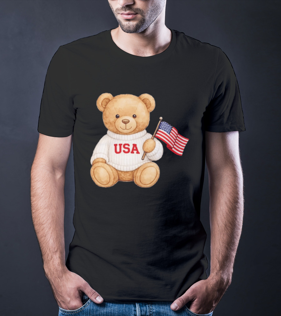 USA Teddy Bear Holding American Flag T-Shirt