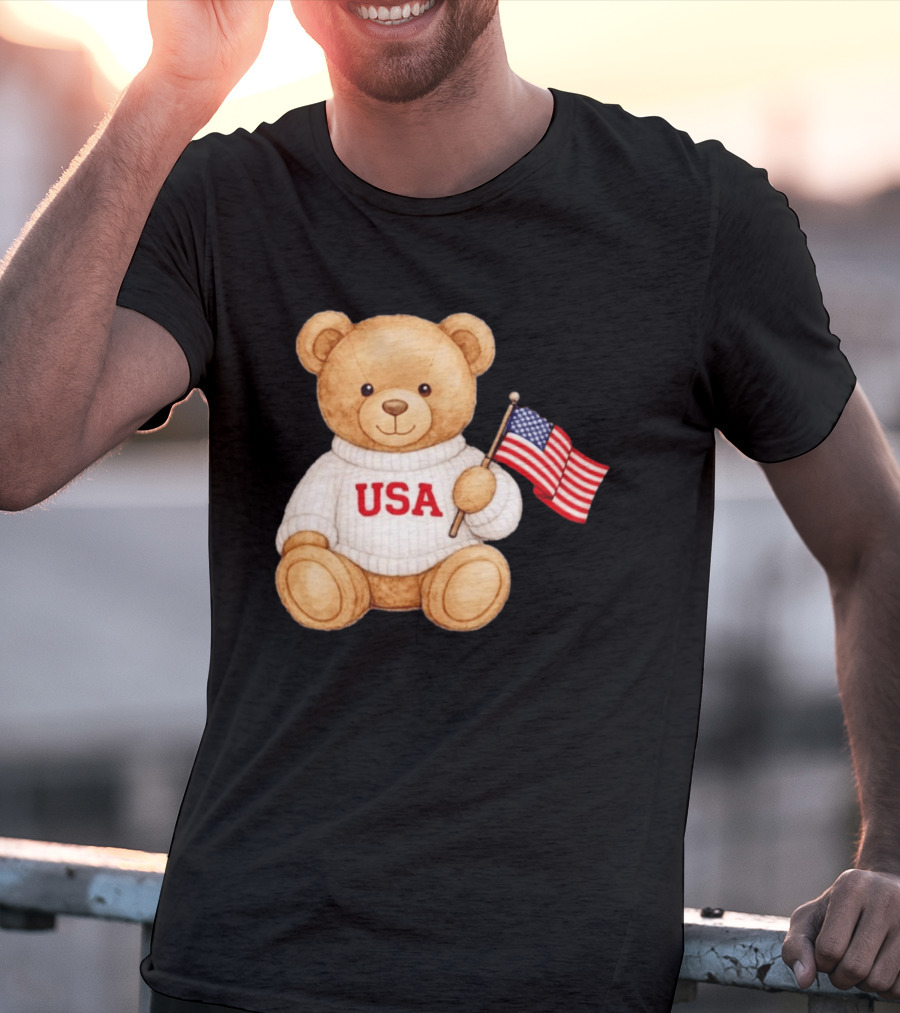 USA Teddy Bear Holding American Flag T-Shirt