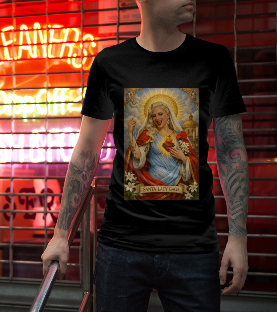Santa Lady Gaga Sacred Heart Imagery With Rosary And Golden Halo T-Shirt