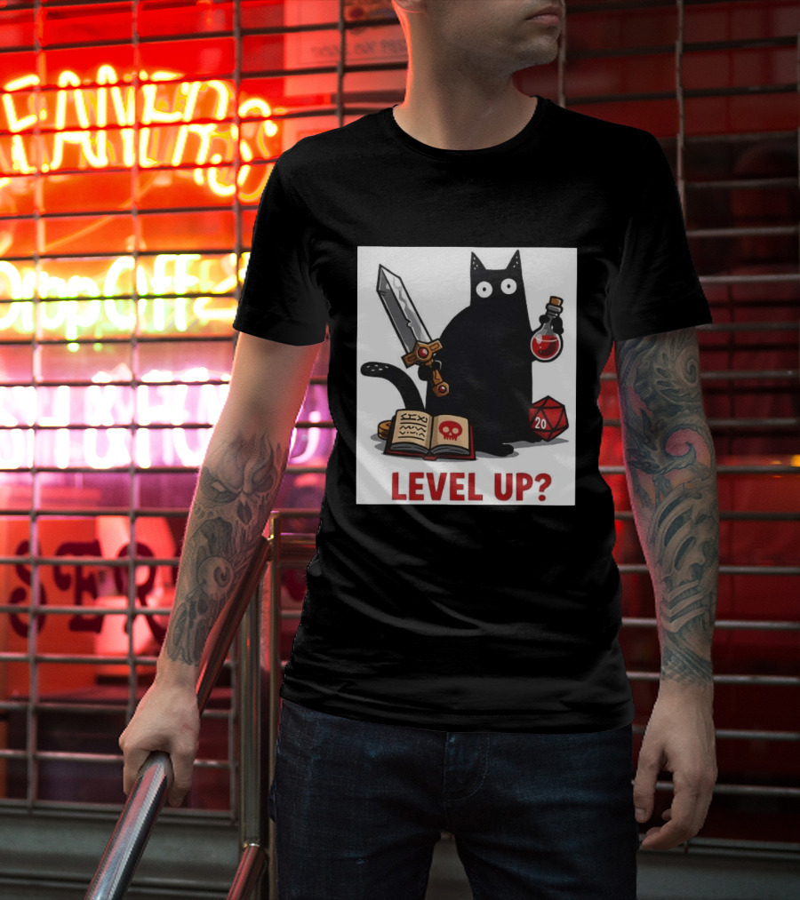 Black Cat Level Up Sword Potion D20 Dice Book Dungeons And Dragons T-Shirt