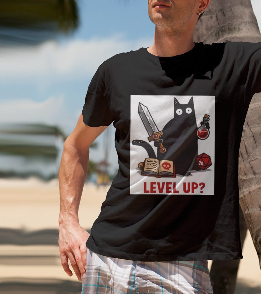 Black Cat Level Up Sword Potion D20 Dice Book Dungeons And Dragons T-Shirt