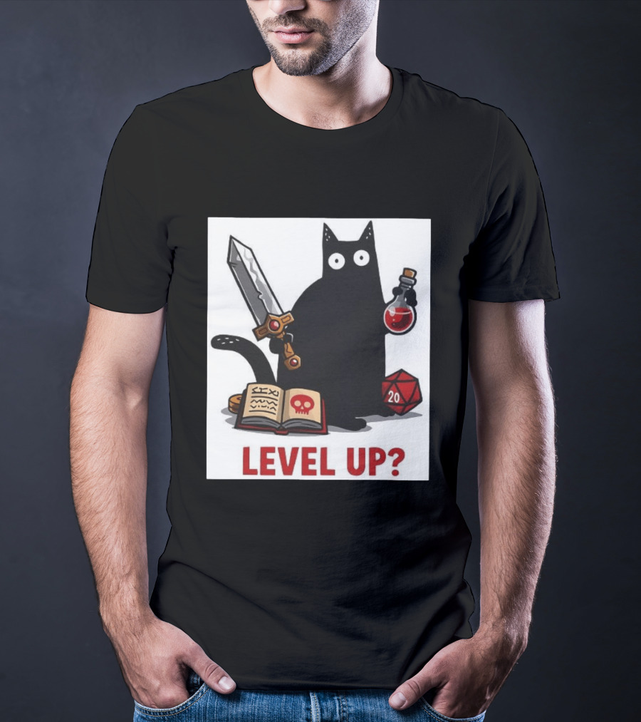 Black Cat Level Up Sword Potion D20 Dice Book Dungeons And Dragons T-Shirt