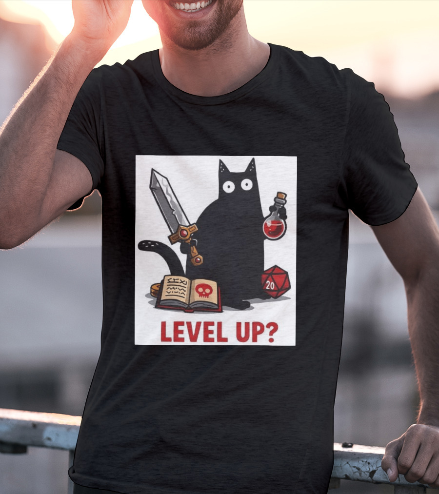Black Cat Level Up Sword Potion D20 Dice Book Dungeons And Dragons T-Shirt