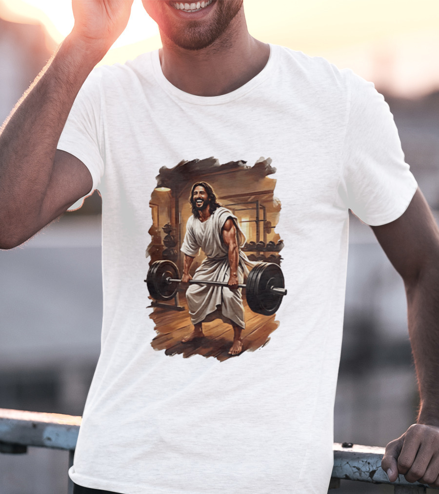 Jesus Lifting Weights In Gym Spiritual Fitness Motivation T-Shirt