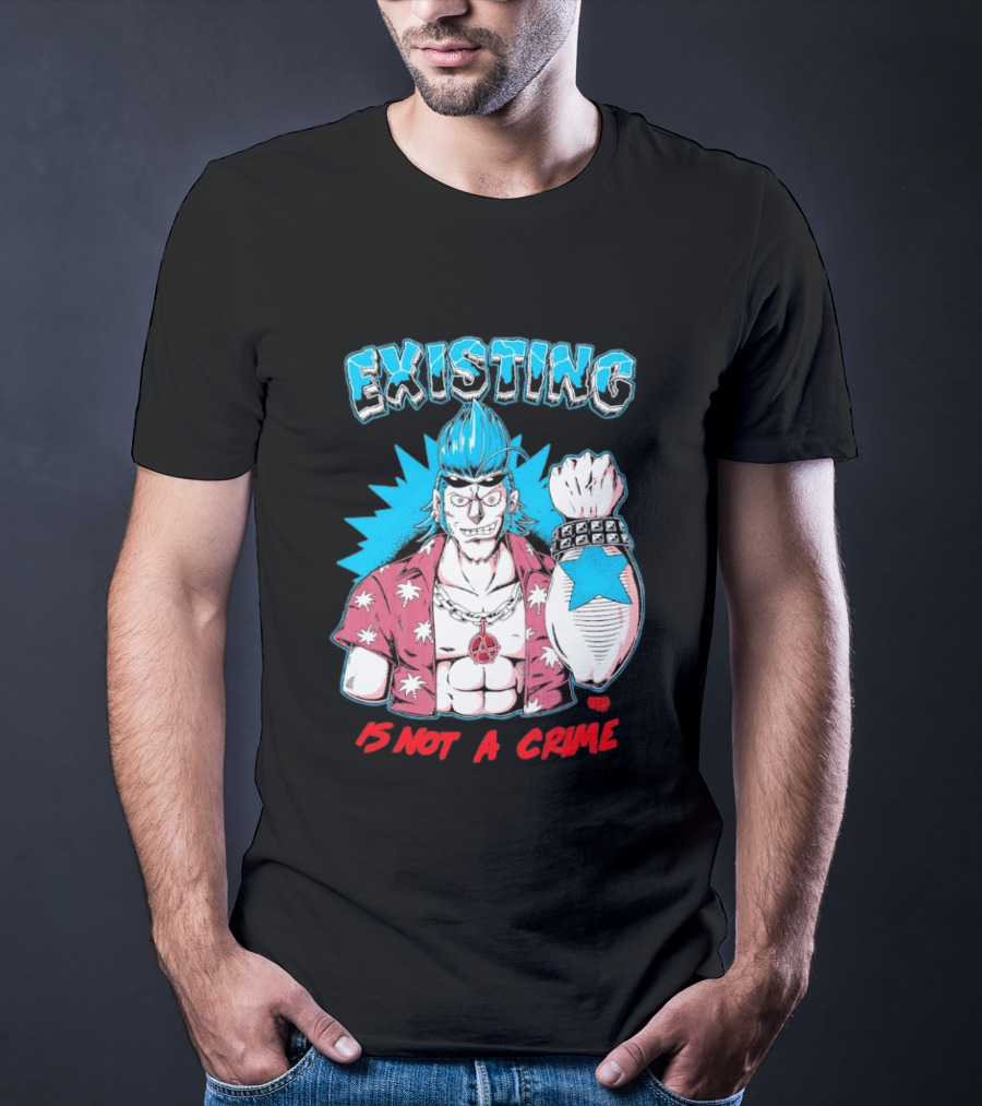 EXISTING IS NOT A CRIME Anime Punk Character Blue Hair Star Tattoo T-Shirt