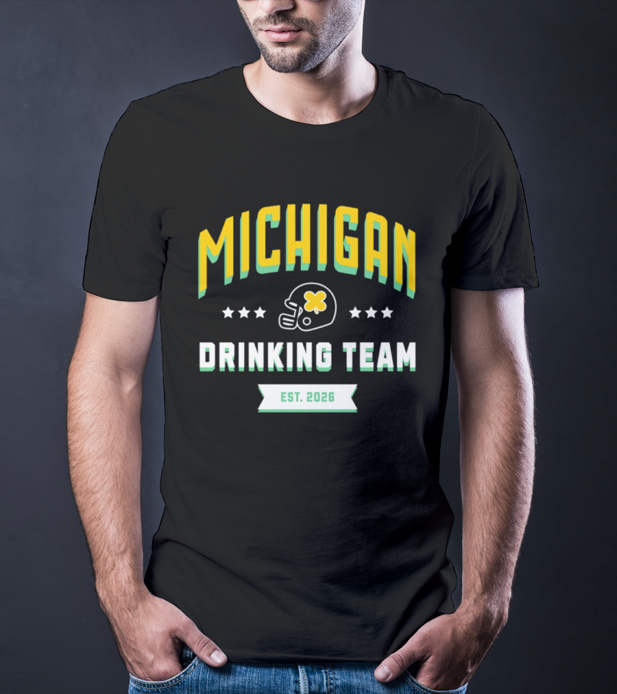 Michigan Wolverines Drinking Team St Patrick's Day Est 2026 Football Helmet Four Leaf Clover T-Shirt