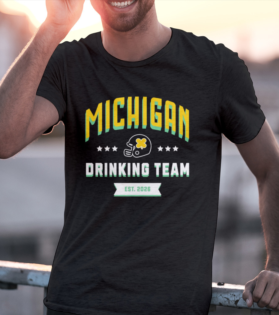 Michigan Wolverines Drinking Team St Patrick's Day Est 2026 Football Helmet Four Leaf Clover T-Shirt