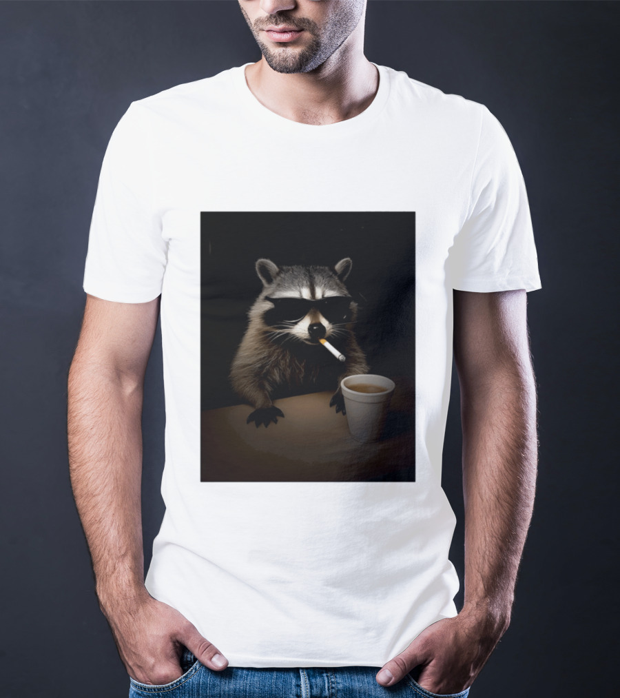 Raccoon Drinking Coffee Smoking Cigarette Wearing Sunglasses T-Shirt