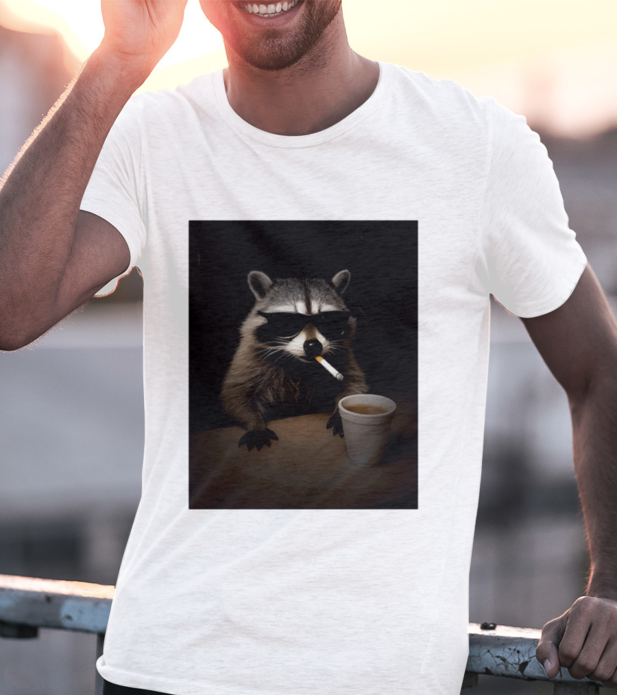 Raccoon Drinking Coffee Smoking Cigarette Wearing Sunglasses T-Shirt
