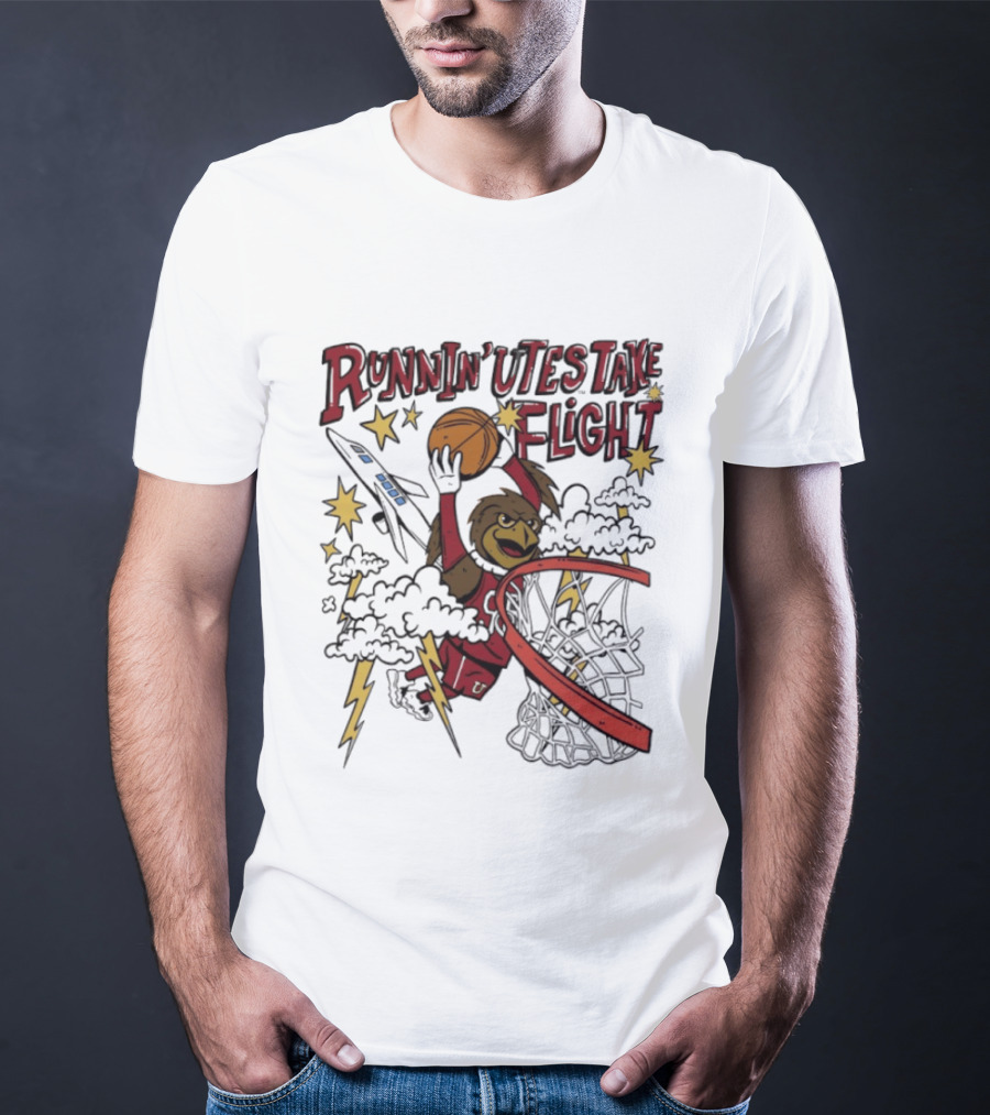 Runnin' Utes Take Flight Basketball Mascot Dunking With Clouds Lightning And Jet T-Shirt