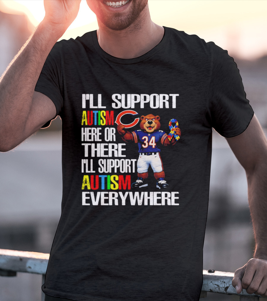 Chicago Bears Support Autism Awareness Everywhere Bear Mascot 34 T-Shirt