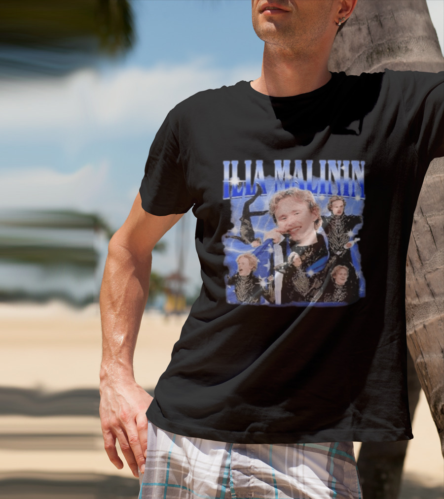 Ilia Malinin Figure Skating Star Blue Sparkle Montage T-Shirt