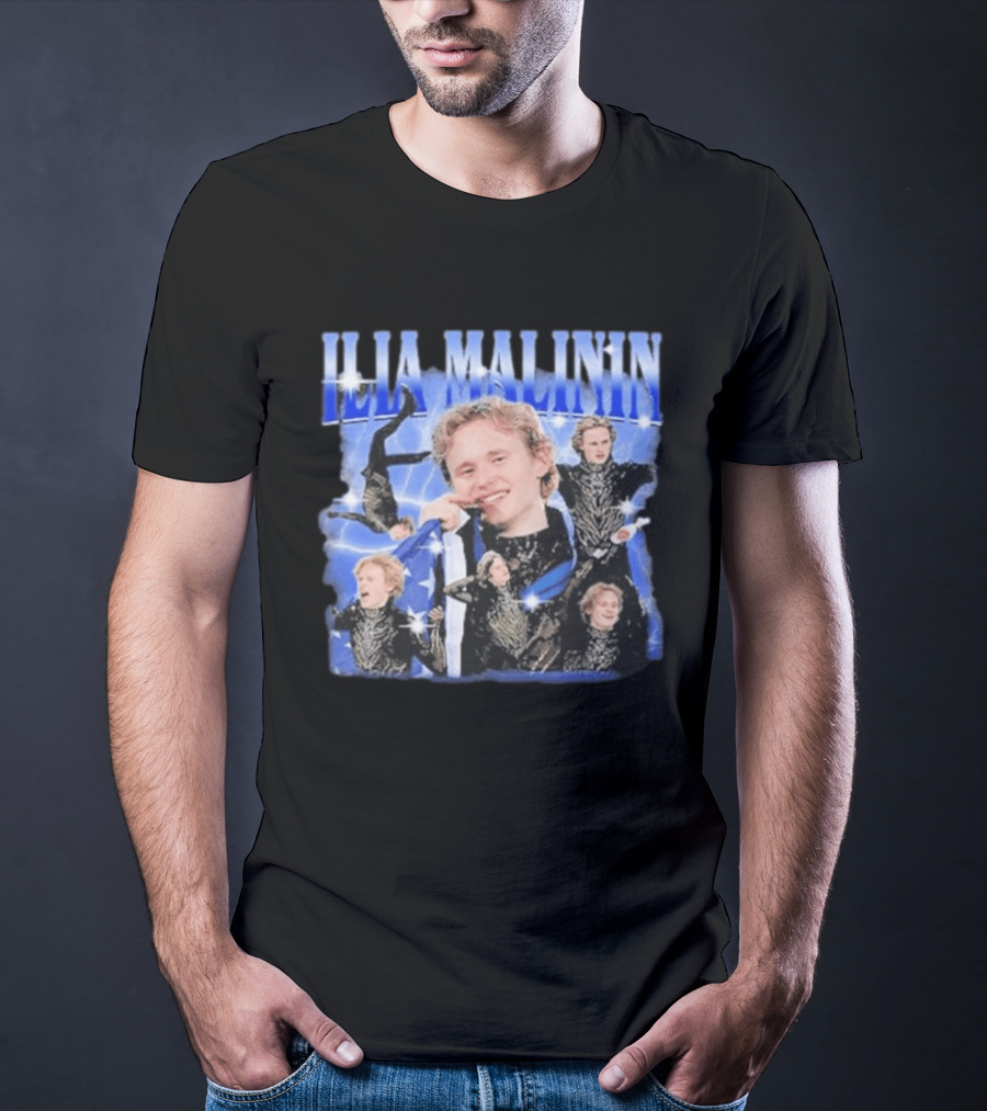 Ilia Malinin Figure Skating Star Blue Sparkle Montage T-Shirt
