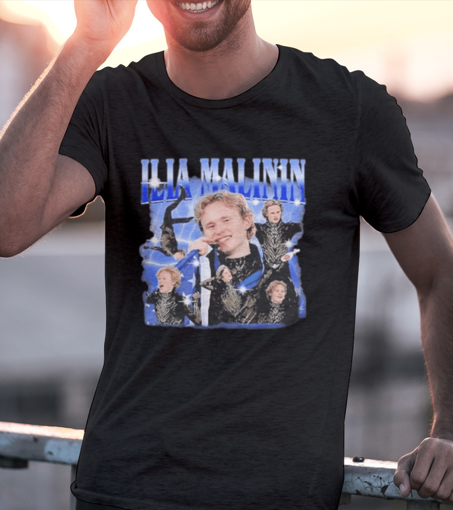 Ilia Malinin Figure Skating Star Blue Sparkle Montage T-Shirt