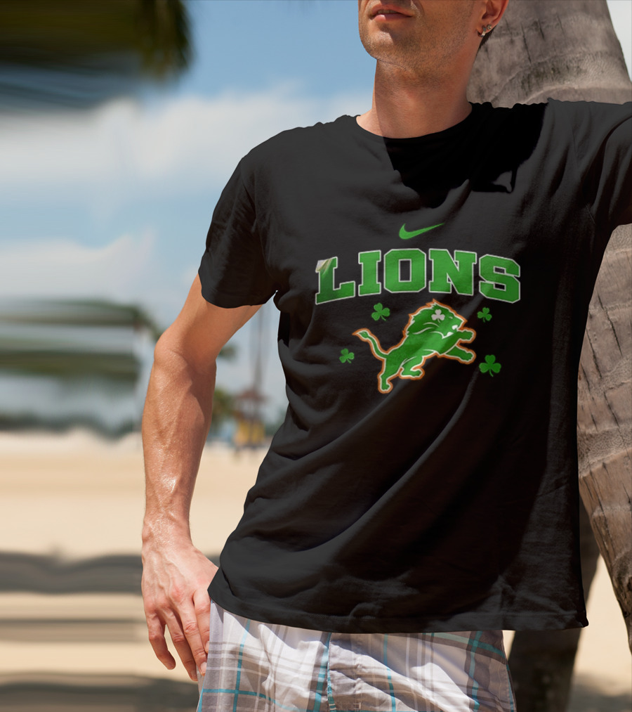 Detroit Lions Irish Theme With Green Shamrocks And Nike T-Shirt