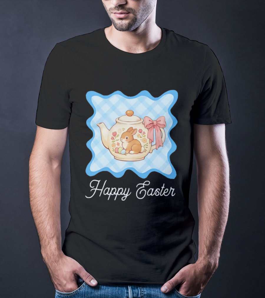 Happy Easter Bunny Teapot With Floral Blue Gingham And Pink Bow T-Shirt