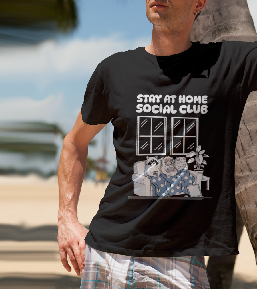 Stay At Home Social Club Raccoon Pug Frog Sofa Window Plant Scene T-Shirt