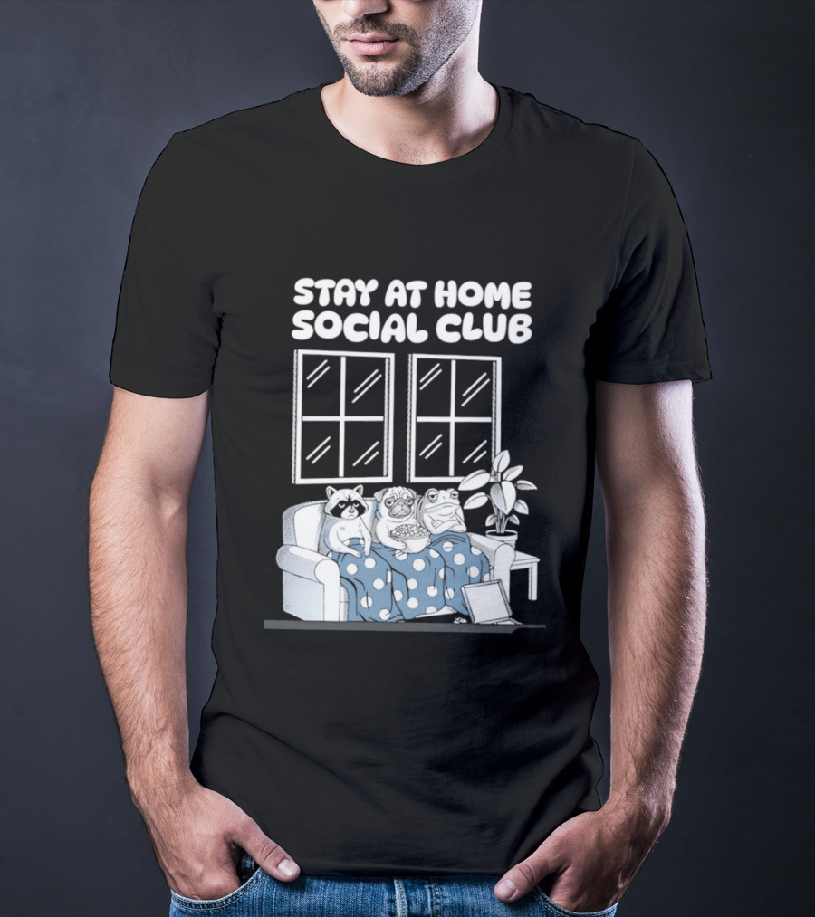 Stay At Home Social Club Raccoon Pug Frog Sofa Window Plant Scene T-Shirt