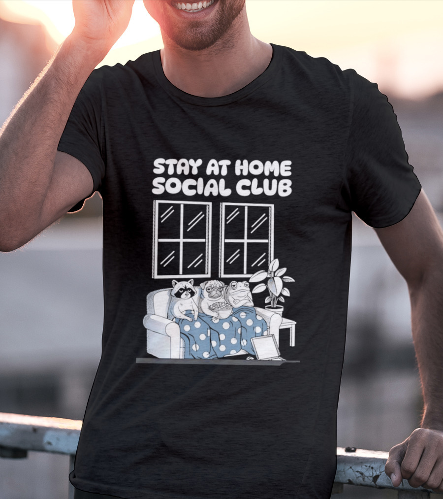 Stay At Home Social Club Raccoon Pug Frog Sofa Window Plant Scene T-Shirt