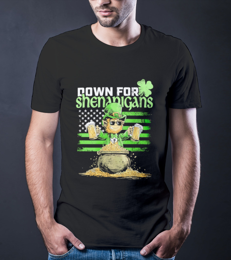 Down For Shenanigans Leprechaun With Beers And Clover American Flag T-Shirt