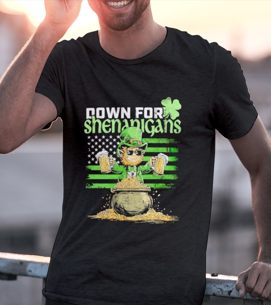 Down For Shenanigans Leprechaun With Beers And Clover American Flag T-Shirt