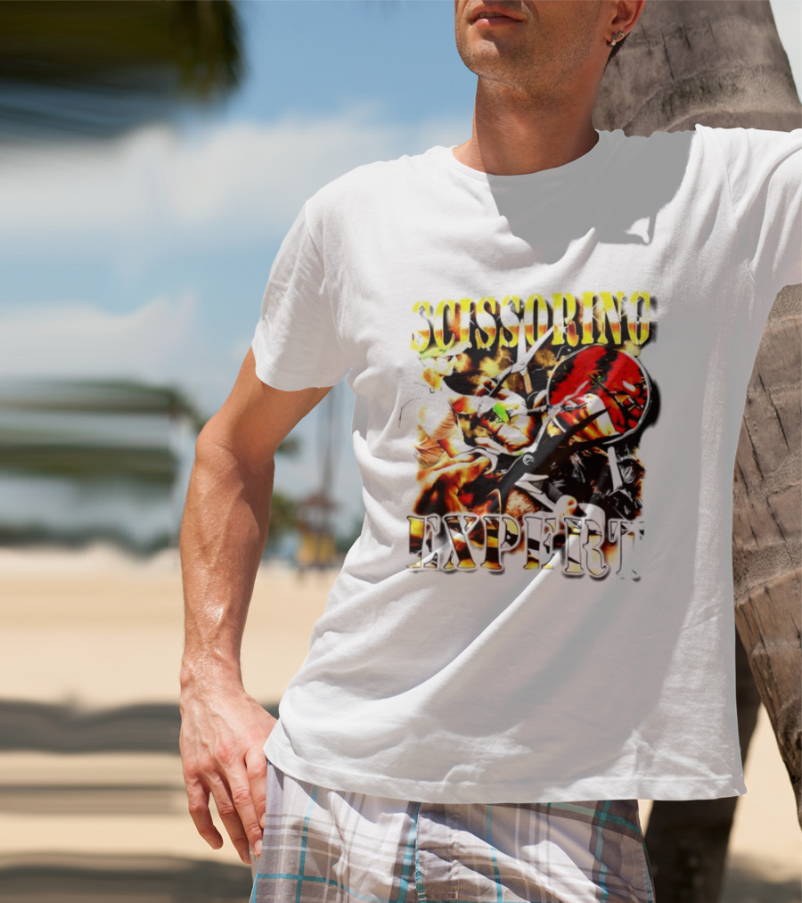 Scissoring Expert Vibrant Scissors Holding T-Shirt