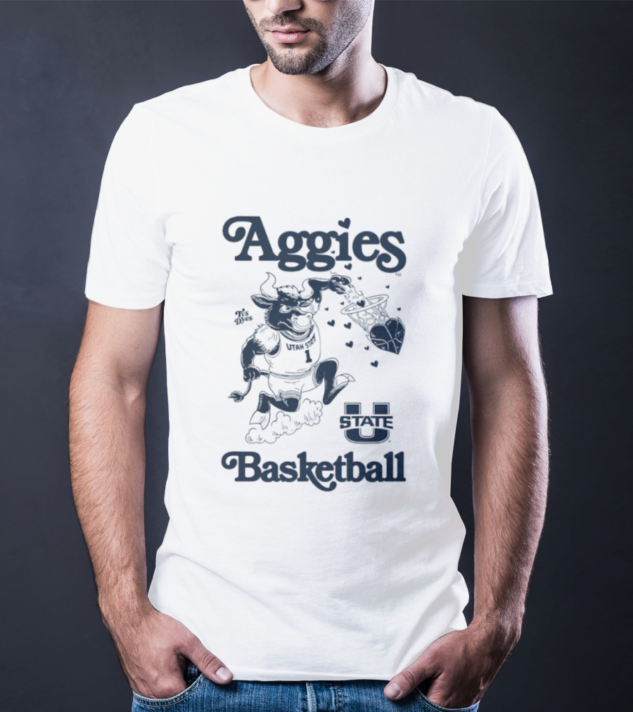 Aggies Basketball Big Blue Utah State Logo Bull Dunking T-Shirt