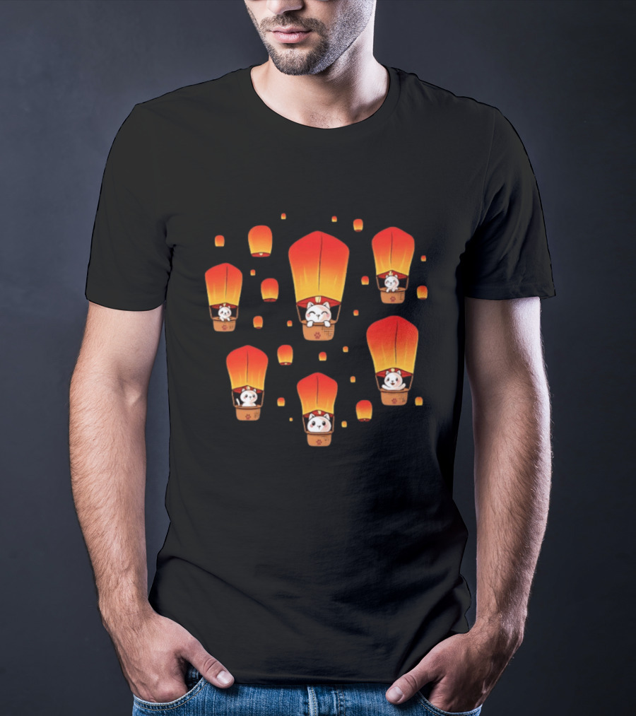 Cats In Lanterns Floating Skyward With Chinese New Year Charm T-Shirt