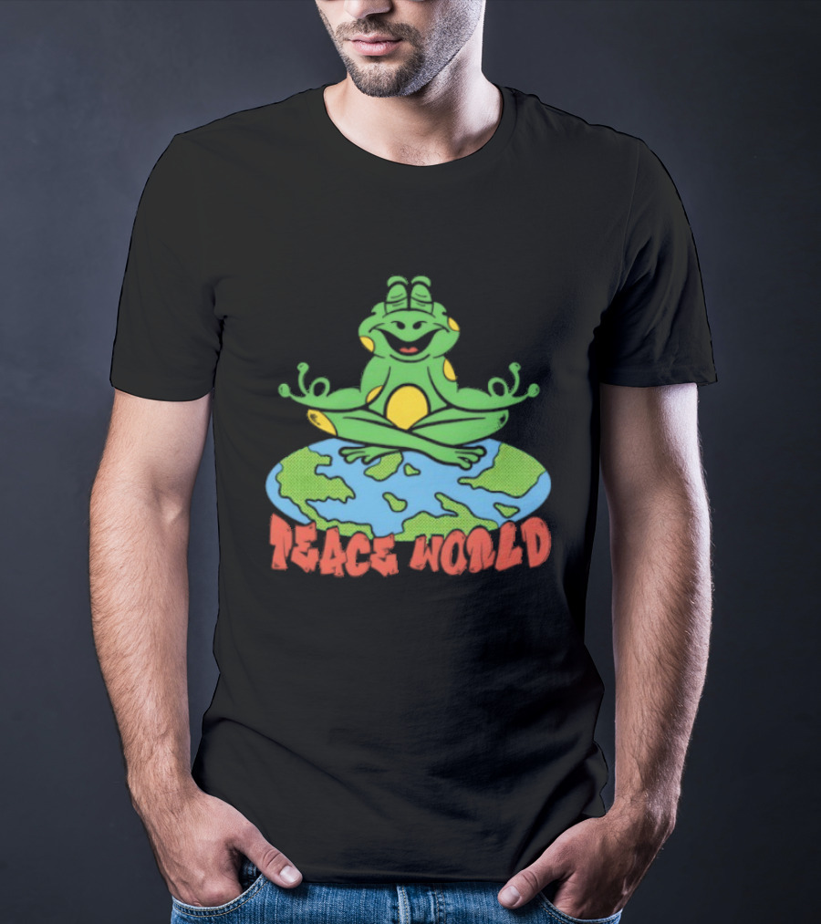 Meditating Frog Sitting On Planet Earth Peace World T-Shirt