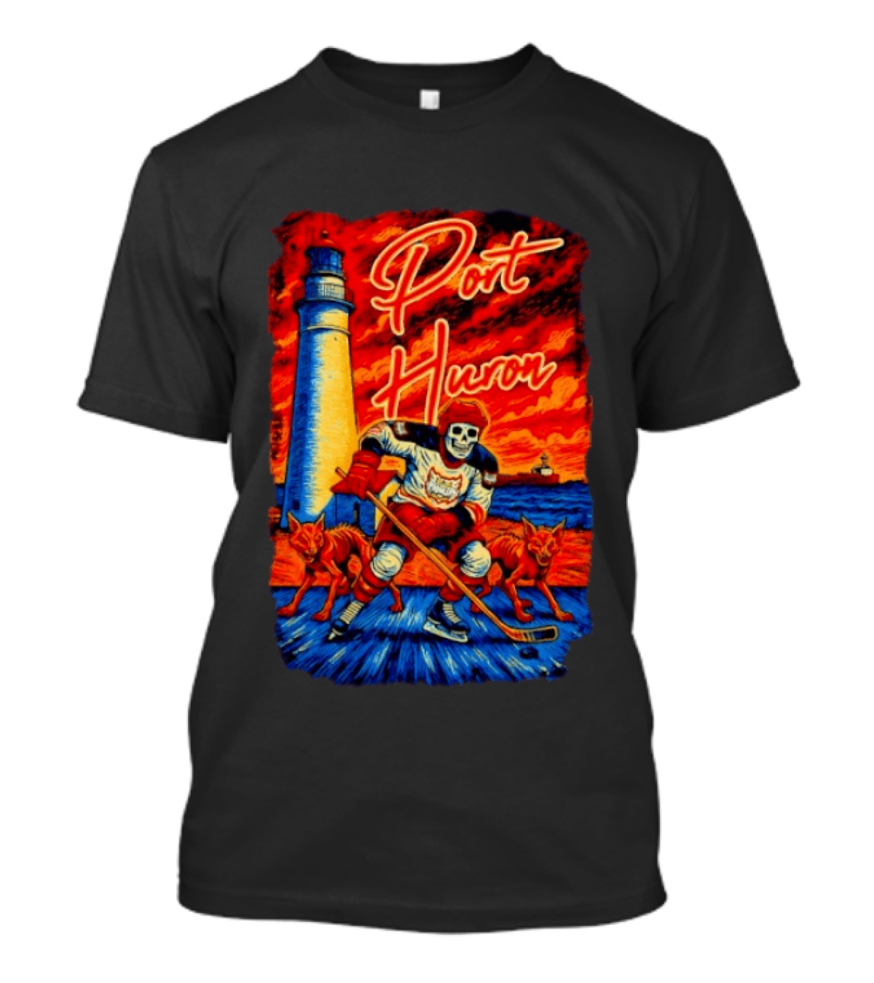 Port Huron Skeleton Prowlers Hockey With Lighthouse And Wolves T-Shirt