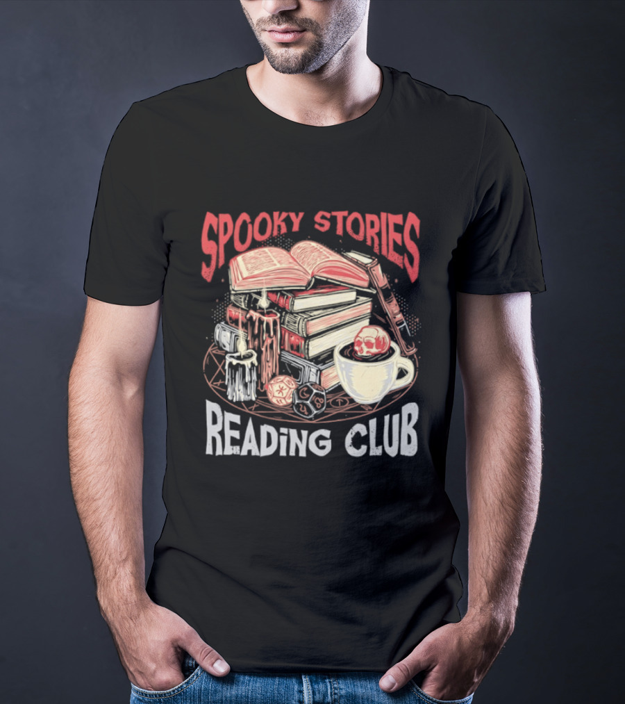 Spooky Stories Reading Club Books Candles Skulls And Cup T-Shirt