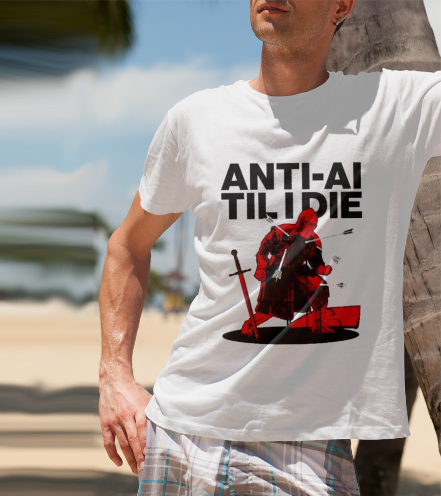 ANTI AI TIL I DIE Medieval Warrior Kneeling With Sword And Arrows T-Shirt