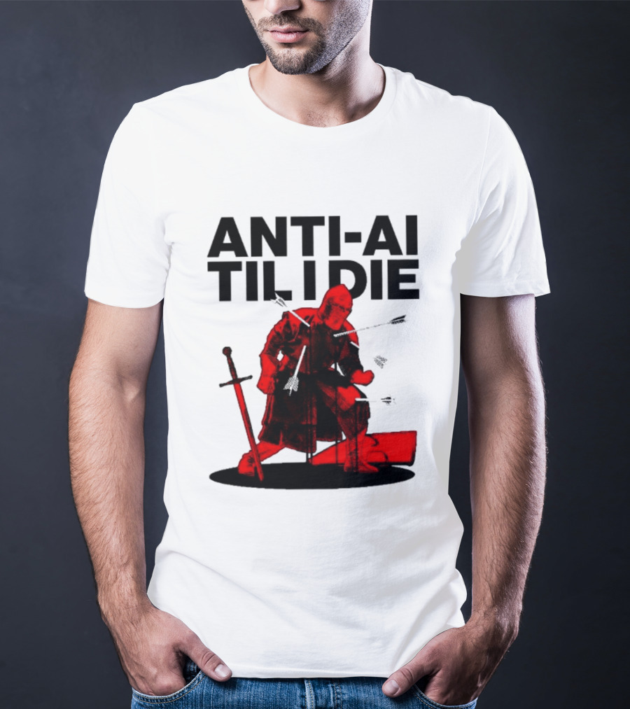 ANTI AI TIL I DIE Medieval Warrior Kneeling With Sword And Arrows T-Shirt