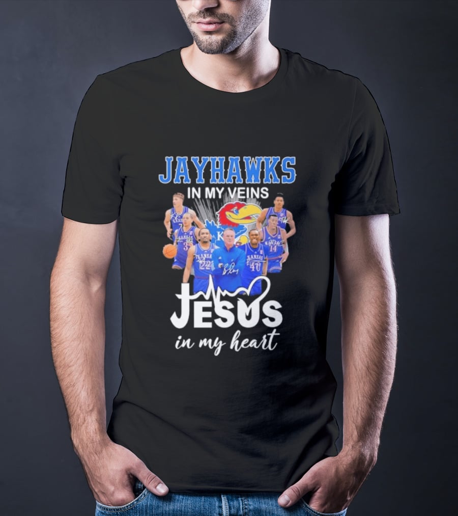 Jayhawks In My Veins Jesus In My Heart Kansas Basketball Coach Bill Self Players T-Shirt