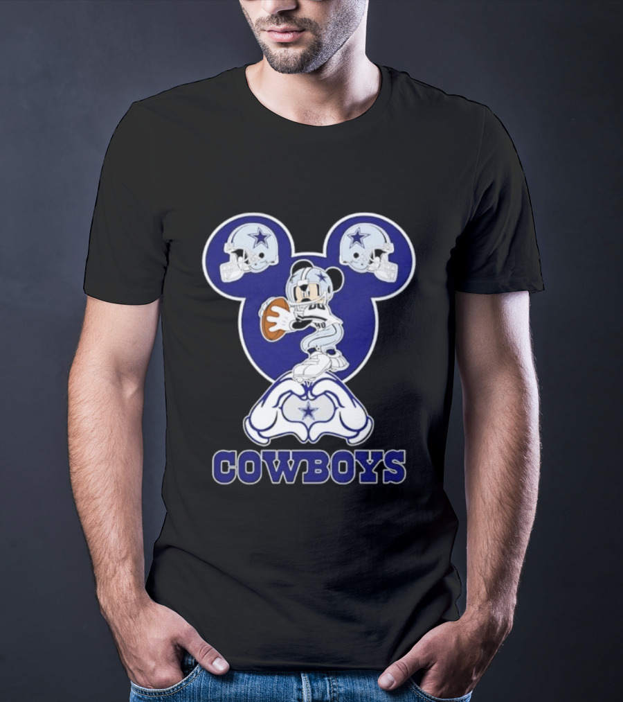 Dallas Cowboys Mickey Mouse Heart Hands Football Helmets T-Shirt