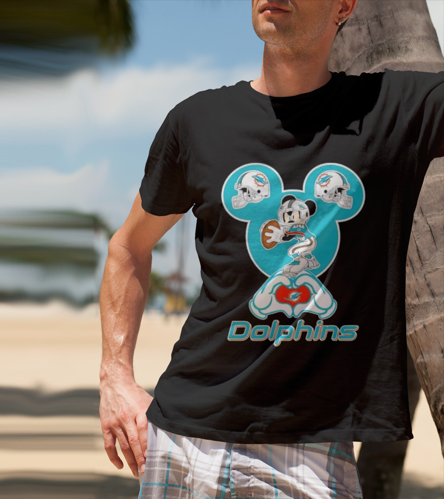 Miami Dolphins Mickey Mouse Heart Hands Football Helmets T-Shirt