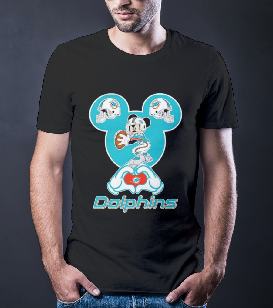 Miami Dolphins Mickey Mouse Heart Hands Football Helmets T-Shirt