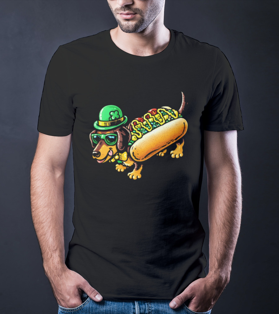 St Patricks Day Chicago Hot Dog Wearing Irish Hat And Glasses T-Shirt
