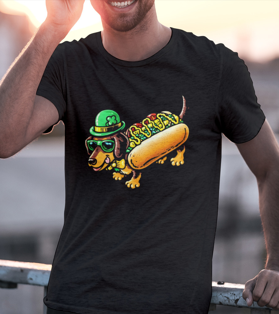 St Patricks Day Chicago Hot Dog Wearing Irish Hat And Glasses T-Shirt