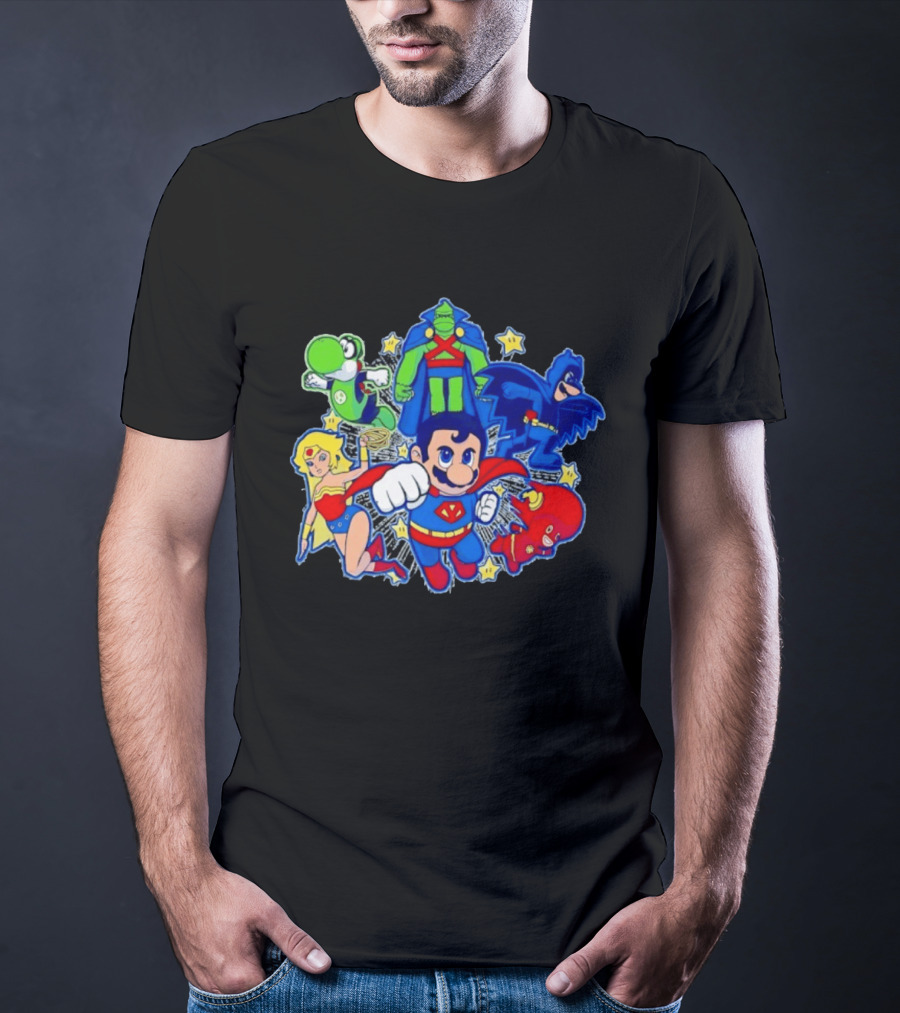 Justice League Mario Bros Crossover With Yoshi Batman Flash Wonder Woman Martian Manhunter T-Shirt