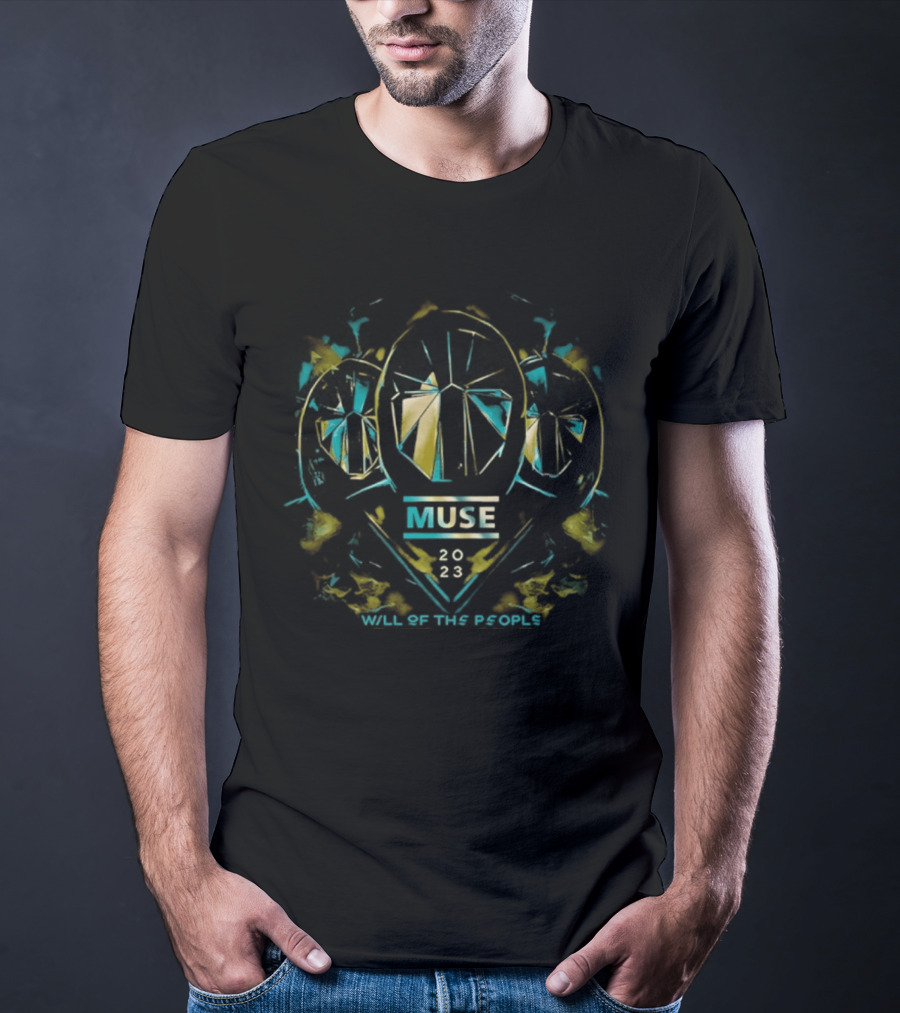 Muse Will Of The People 2023 Tour Symbol With Abstract Faces And Color Bursts T-Shirt